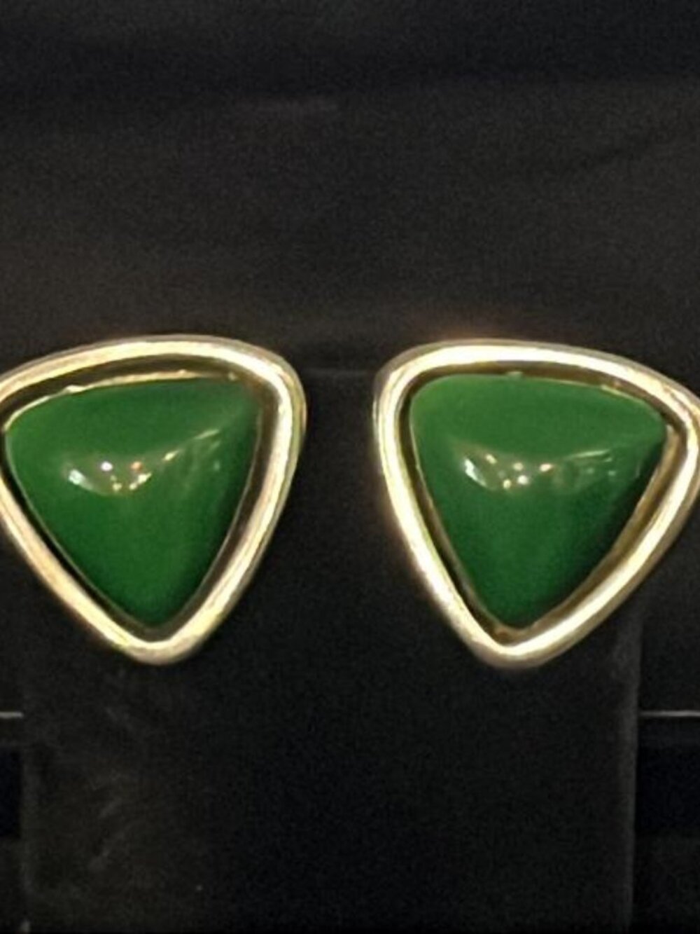 Silver Tone Framed Dark Green Clip-On Earrings
